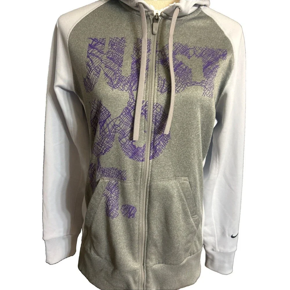 Nike Therma Fit  Womens S Hoodie Full Zip Gray Purple Just Do It Sweatshirt
